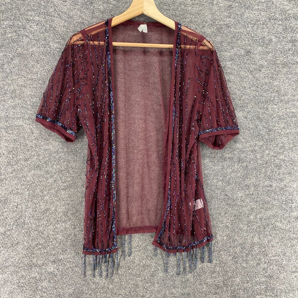 Vanity Top Women M Medium Red Open Front Sheer Rhinestone Fringe Short Sleeve
